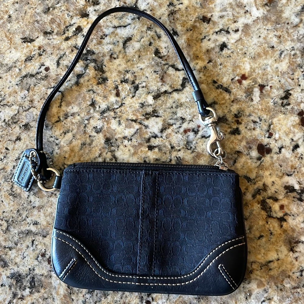 Coach Signature mini jacquard wristlet leather purse. Black with white stitching